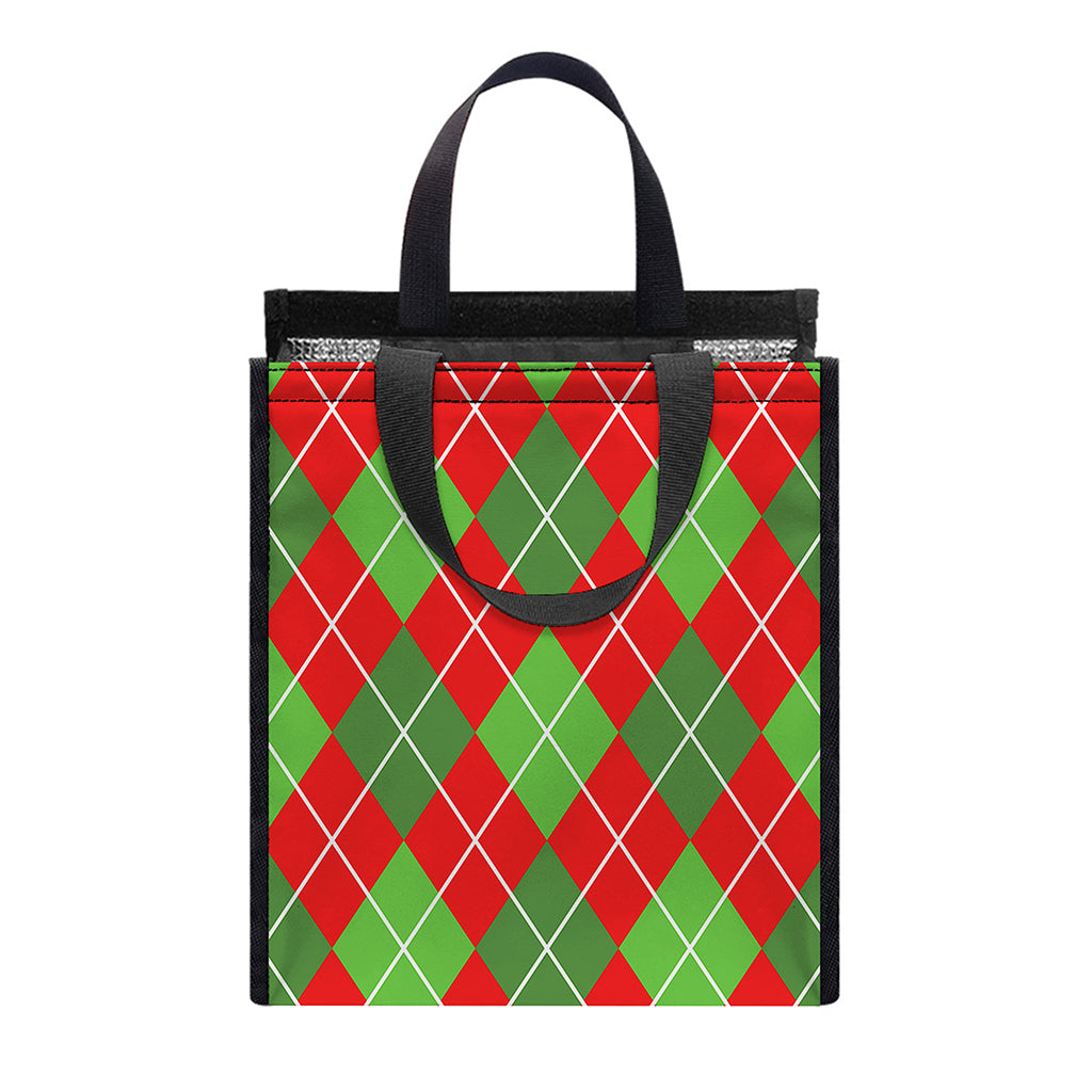 Red And Green Argyle Pattern Print Insulated Lunch Tote