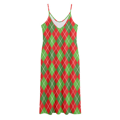 Red And Green Argyle Pattern Print Jersey Midi Cami Dress