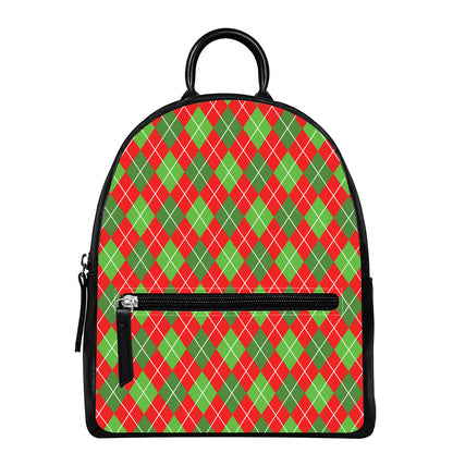 Red And Green Argyle Pattern Print Leather Backpack