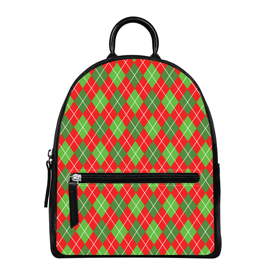 Red And Green Argyle Pattern Print Leather Backpack
