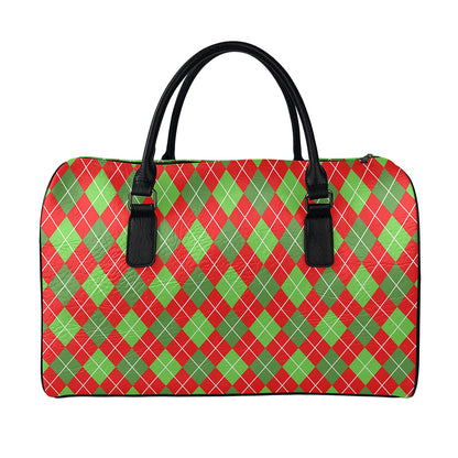 Red And Green Argyle Pattern Print Leather Duffle Bag