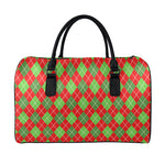 Red And Green Argyle Pattern Print Leather Duffle Bag