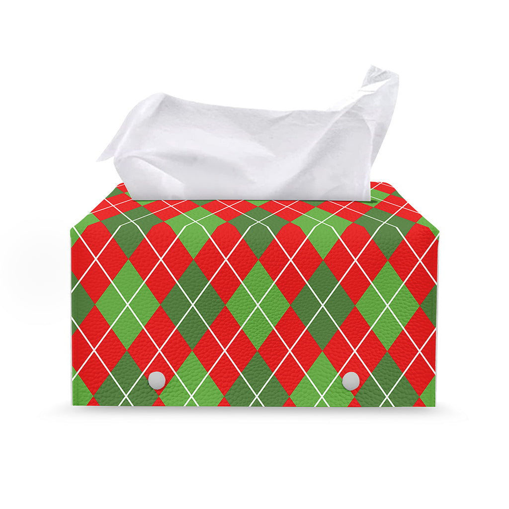 Red And Green Argyle Pattern Print Leather Tissue Box Cover