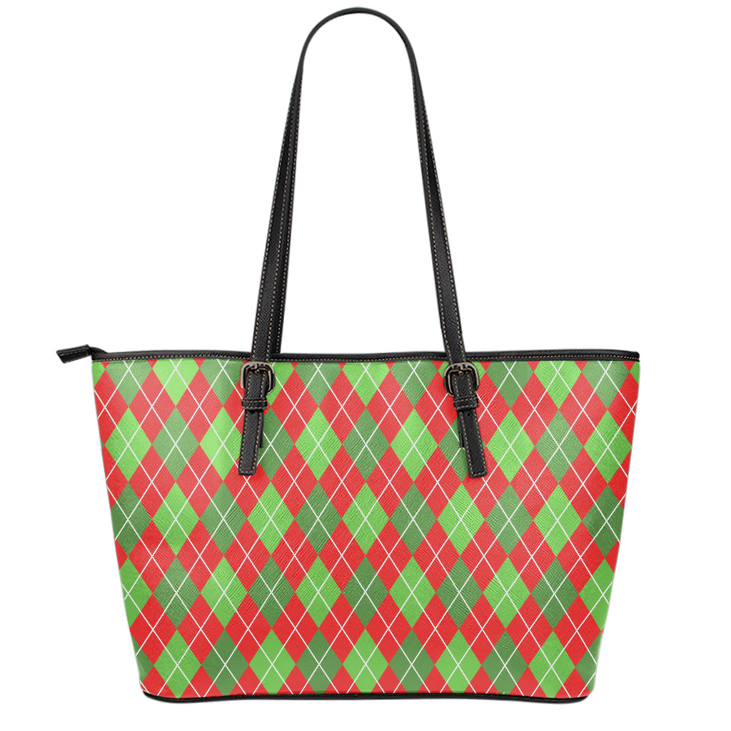 Red And Green Argyle Pattern Print Leather Tote Bag