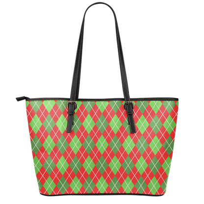 Red And Green Argyle Pattern Print Leather Tote Bag