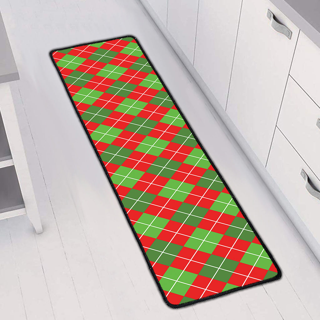 Red And Green Argyle Pattern Print Long Kitchen Mat