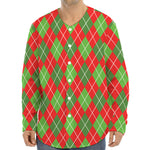 Red And Green Argyle Pattern Print Long Sleeve Baseball Jersey