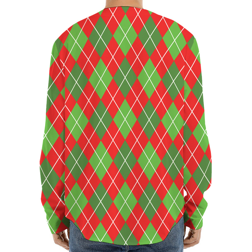 Red And Green Argyle Pattern Print Long Sleeve Baseball Jersey