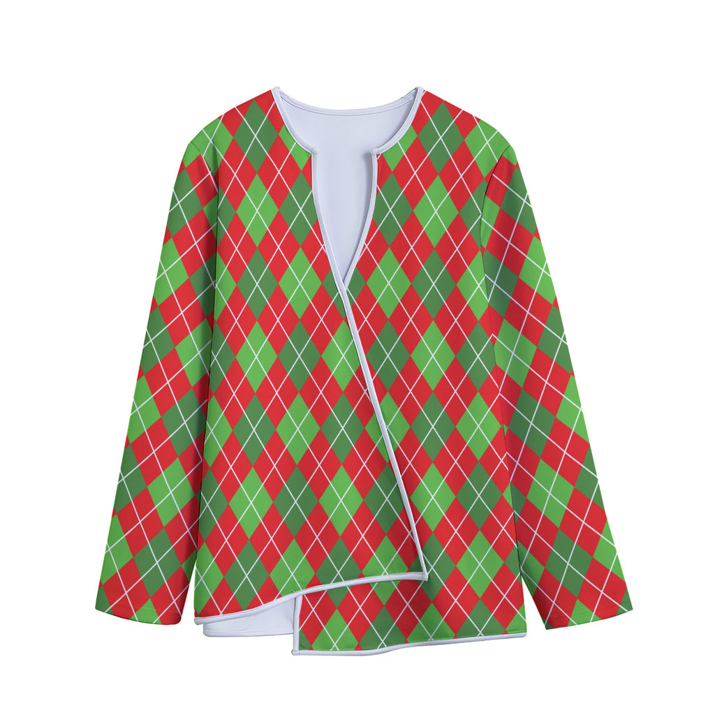 Red And Green Argyle Pattern Print Long Sleeve Short Coat