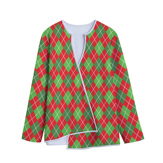 Red And Green Argyle Pattern Print Long Sleeve Short Coat