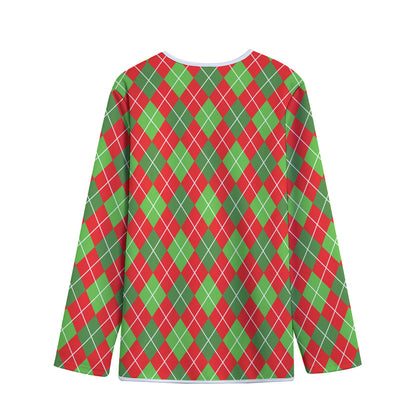 Red And Green Argyle Pattern Print Long Sleeve Short Coat