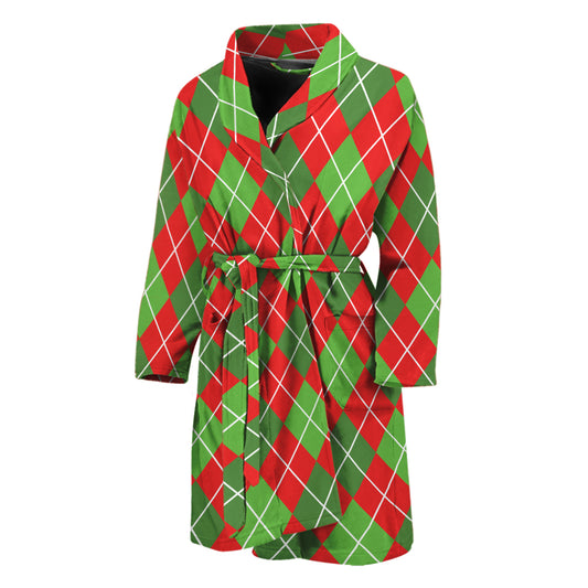 Red And Green Argyle Pattern Print Men's Bathrobe