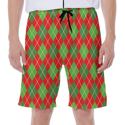 Red And Green Argyle Pattern Print Men's Beach Shorts