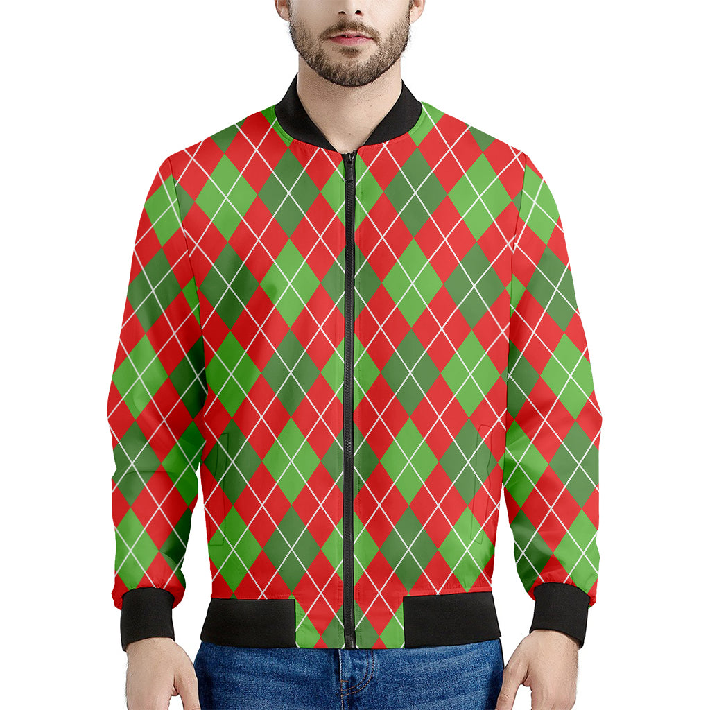 Red And Green Argyle Pattern Print Men's Bomber Jacket