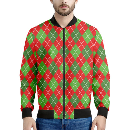 Red And Green Argyle Pattern Print Men's Bomber Jacket