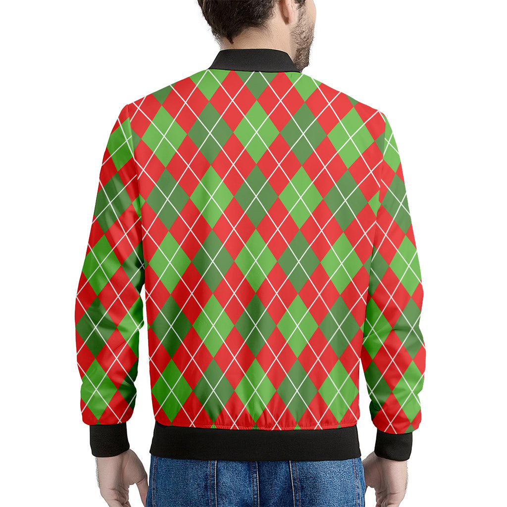 Red And Green Argyle Pattern Print Men's Bomber Jacket