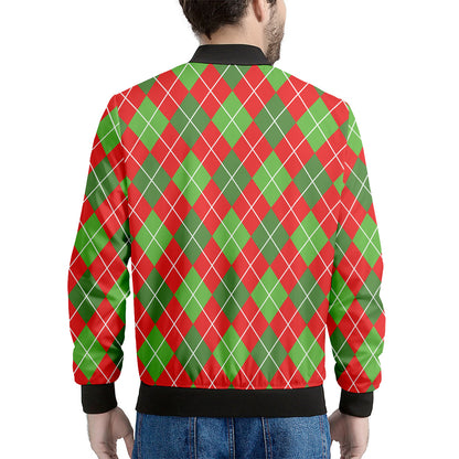 Red And Green Argyle Pattern Print Men's Bomber Jacket