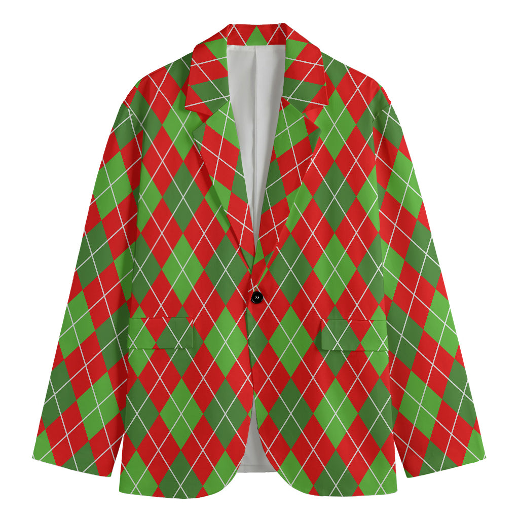 Red And Green Argyle Pattern Print Men's Cotton Blazer