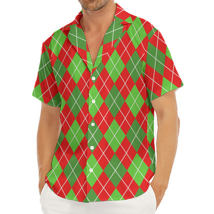 Red And Green Argyle Pattern Print Men's Deep V-Neck Shirt