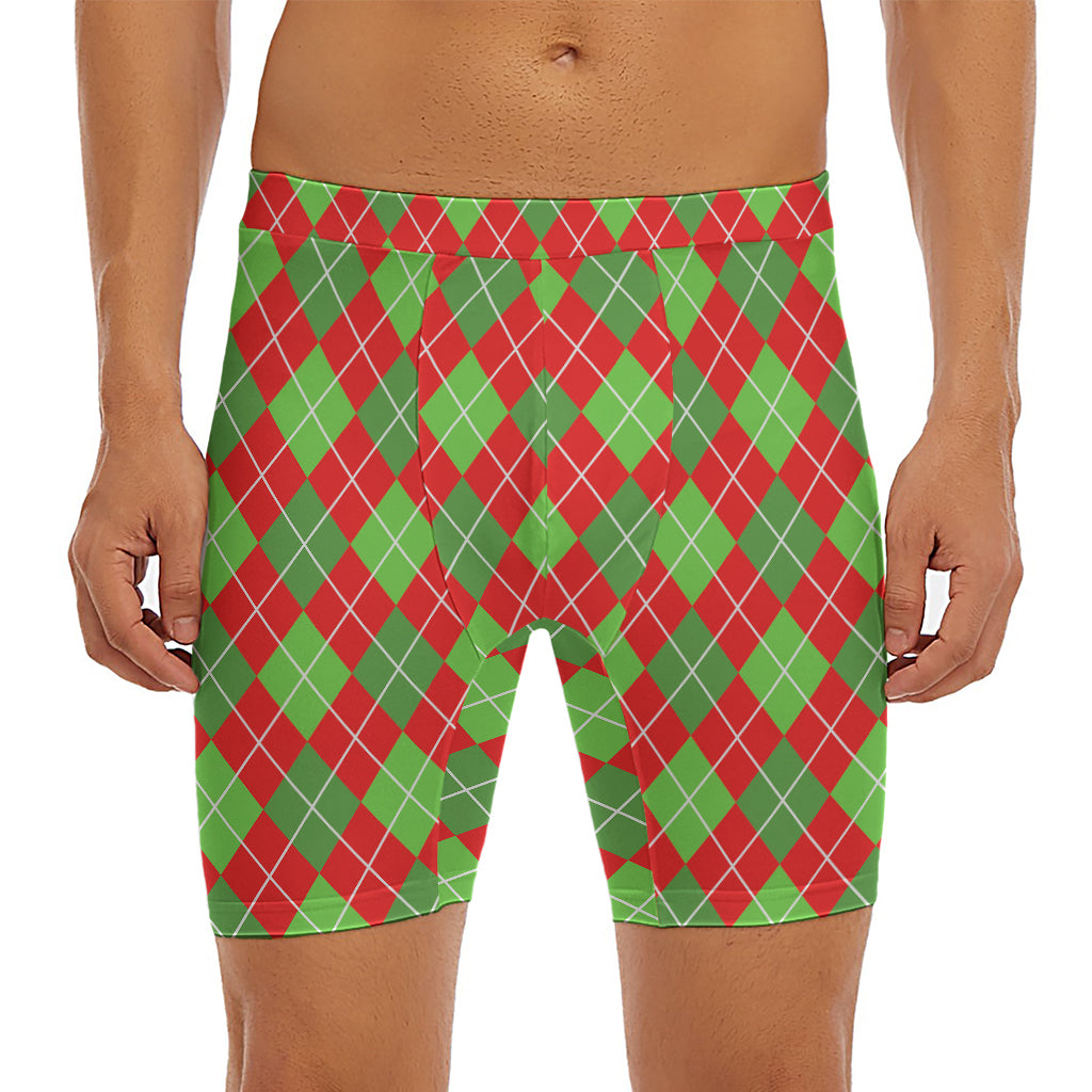 Red And Green Argyle Pattern Print Men's Long Boxer Briefs