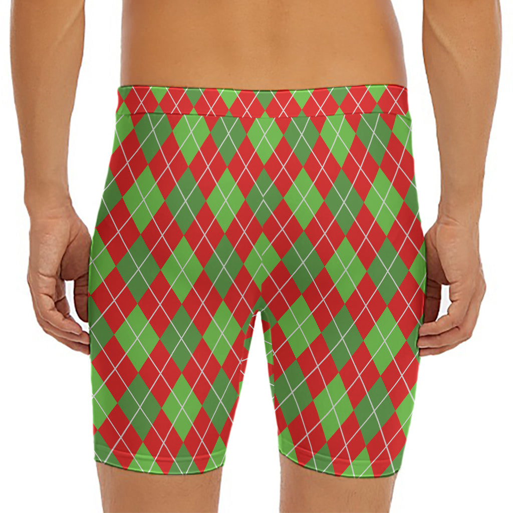 Red And Green Argyle Pattern Print Men's Long Boxer Briefs