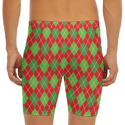 Red And Green Argyle Pattern Print Men's Long Boxer Briefs