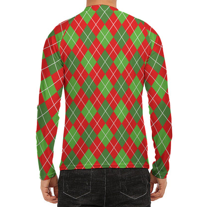 Red And Green Argyle Pattern Print Men's Long Sleeve Rash Guard
