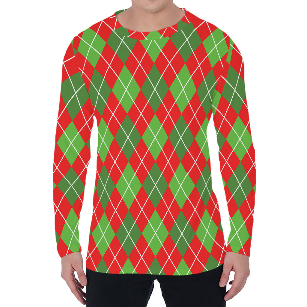 Red And Green Argyle Pattern Print Men's Long Sleeve T-Shirt