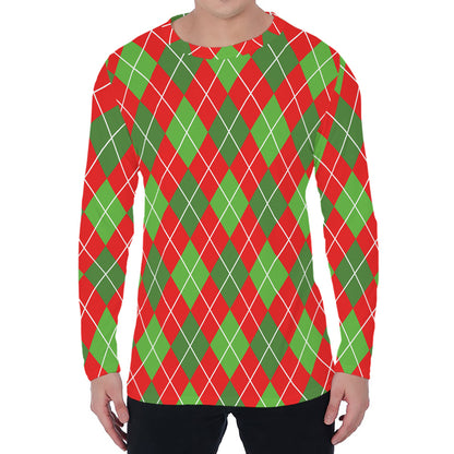 Red And Green Argyle Pattern Print Men's Long Sleeve T-Shirt