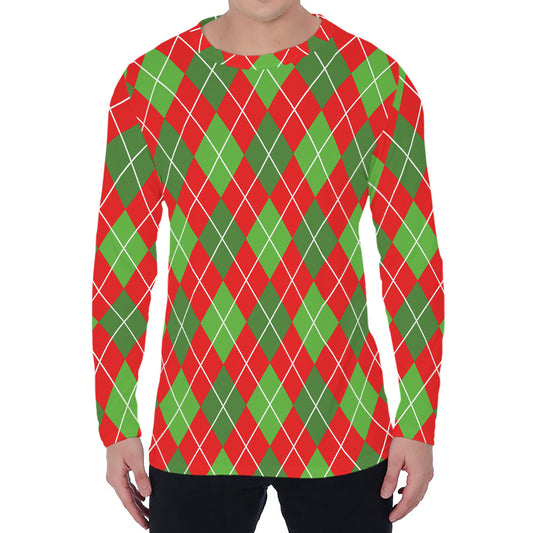 Red And Green Argyle Pattern Print Men's Long Sleeve T-Shirt