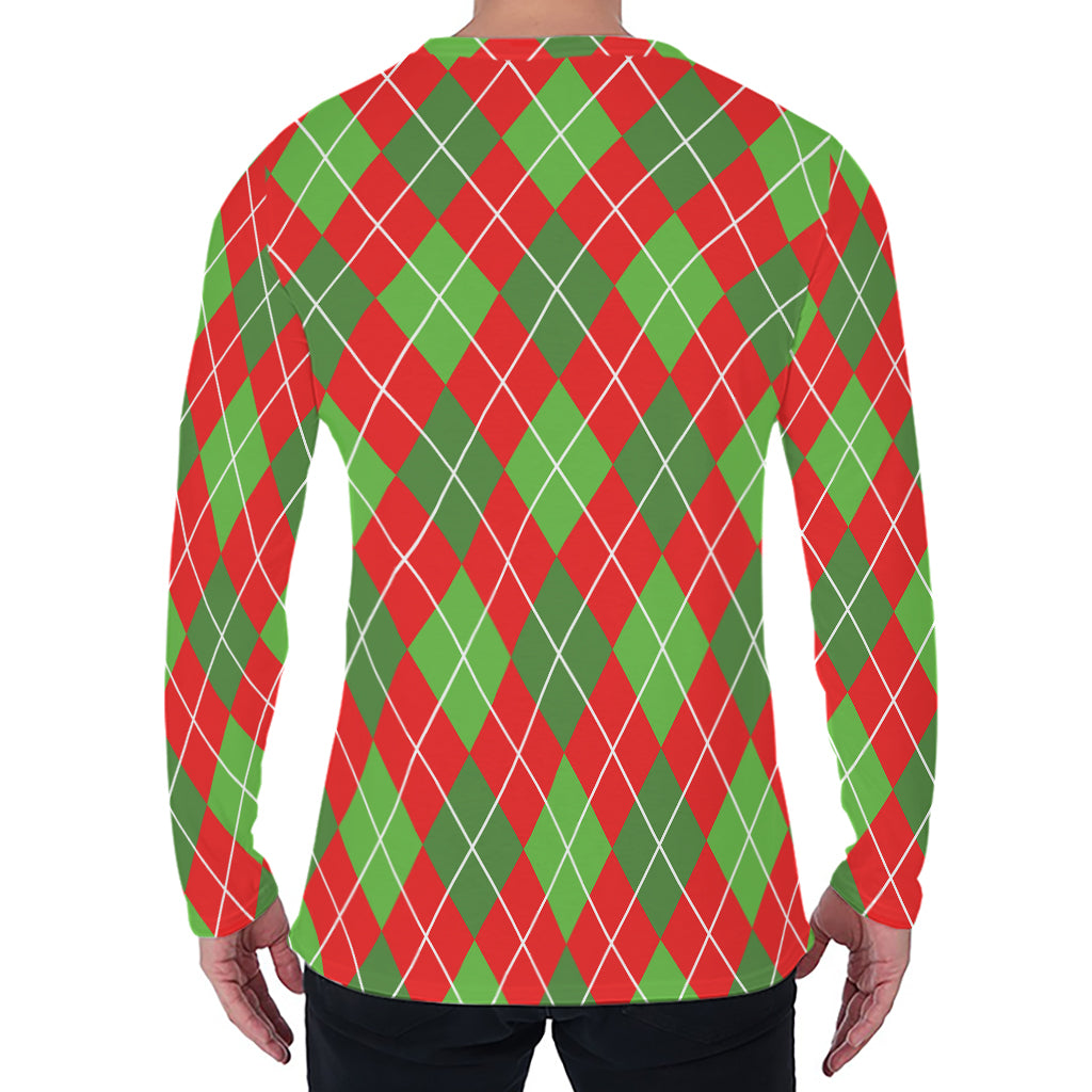 Red And Green Argyle Pattern Print Men's Long Sleeve T-Shirt
