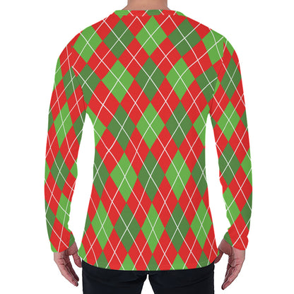 Red And Green Argyle Pattern Print Men's Long Sleeve T-Shirt