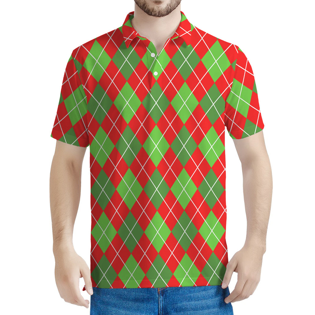 Red And Green Argyle Pattern Print Men's Polo Shirt