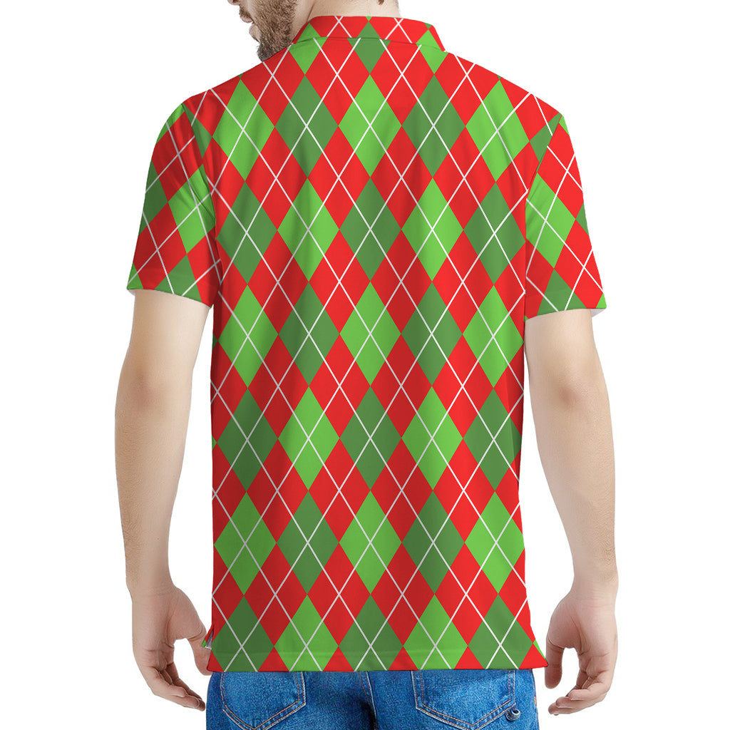 Red And Green Argyle Pattern Print Men's Polo Shirt