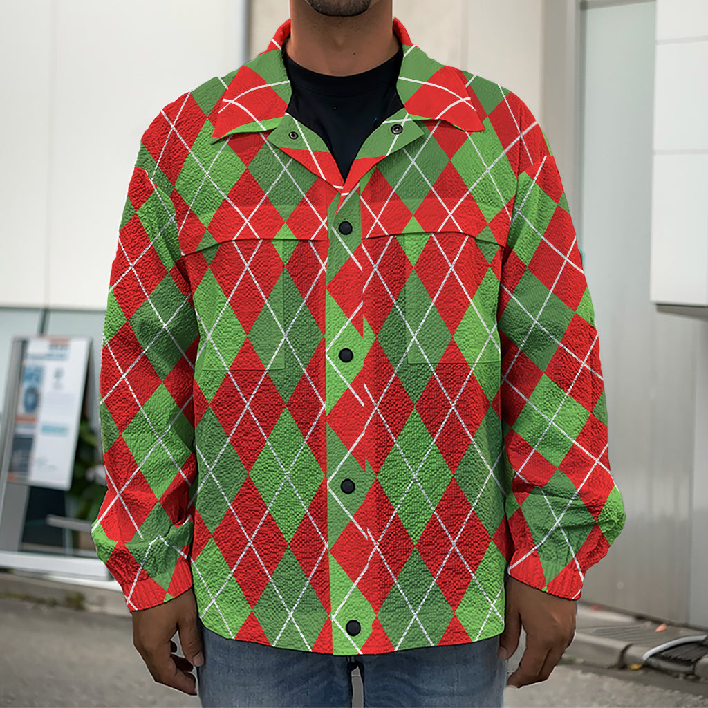 Red And Green Argyle Pattern Print Men's Shirt Jacket