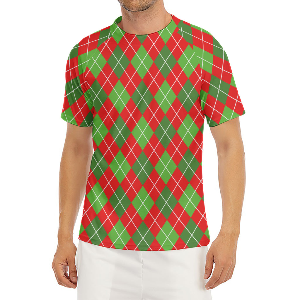 Red And Green Argyle Pattern Print Men's Short Sleeve Rash Guard