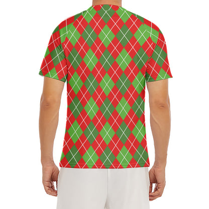 Red And Green Argyle Pattern Print Men's Short Sleeve Rash Guard