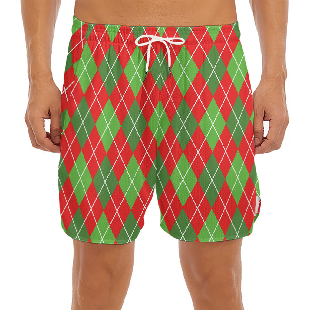 Red And Green Argyle Pattern Print Men's Split Running Shorts