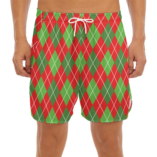 Red And Green Argyle Pattern Print Men's Split Running Shorts