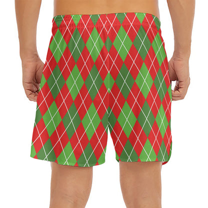 Red And Green Argyle Pattern Print Men's Split Running Shorts