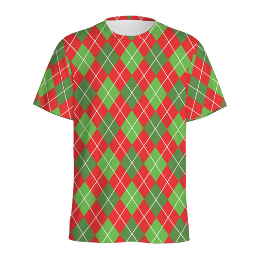 Red And Green Argyle Pattern Print Men's Sports T-Shirt