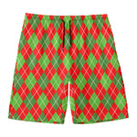 Red And Green Argyle Pattern Print Men's Swim Trunks