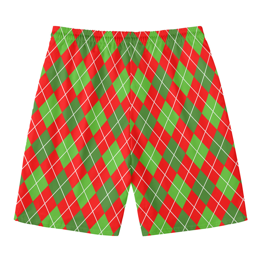 Red And Green Argyle Pattern Print Men's Swim Trunks