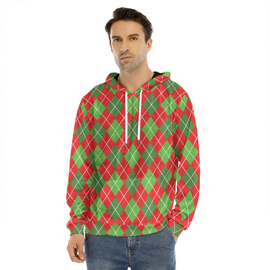 Red And Green Argyle Pattern Print Men's Velvet Pullover Hoodie