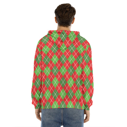 Red And Green Argyle Pattern Print Men's Velvet Pullover Hoodie