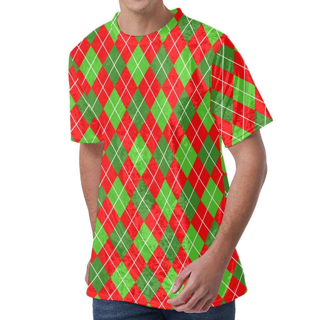 Red And Green Argyle Pattern Print Men's Velvet T-Shirt