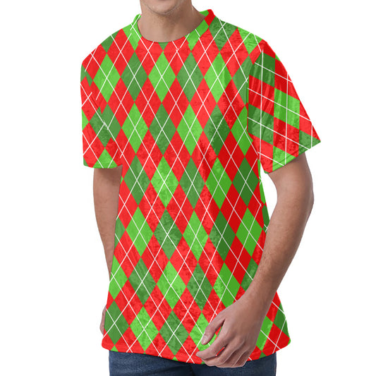 Red And Green Argyle Pattern Print Men's Velvet T-Shirt