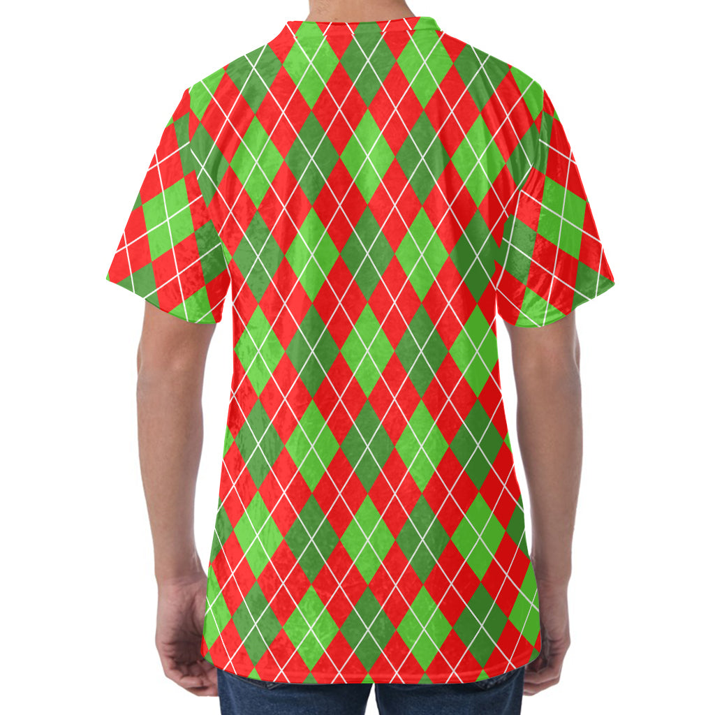 Red And Green Argyle Pattern Print Men's Velvet T-Shirt