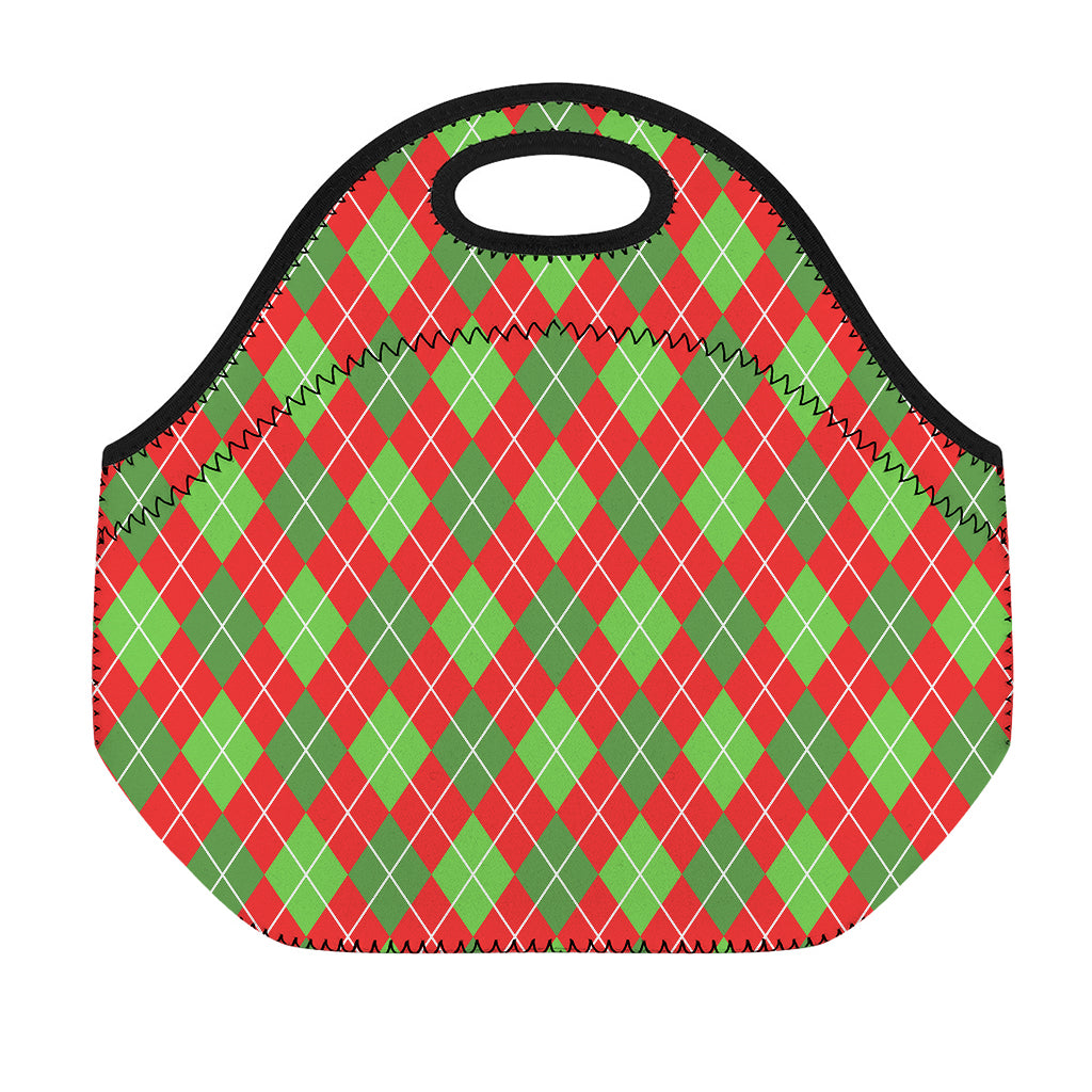 Red And Green Argyle Pattern Print Neoprene Lunch Bag