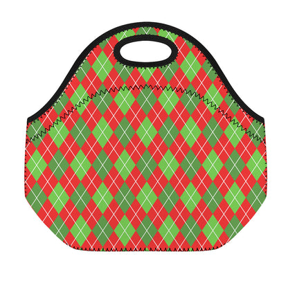 Red And Green Argyle Pattern Print Neoprene Lunch Bag